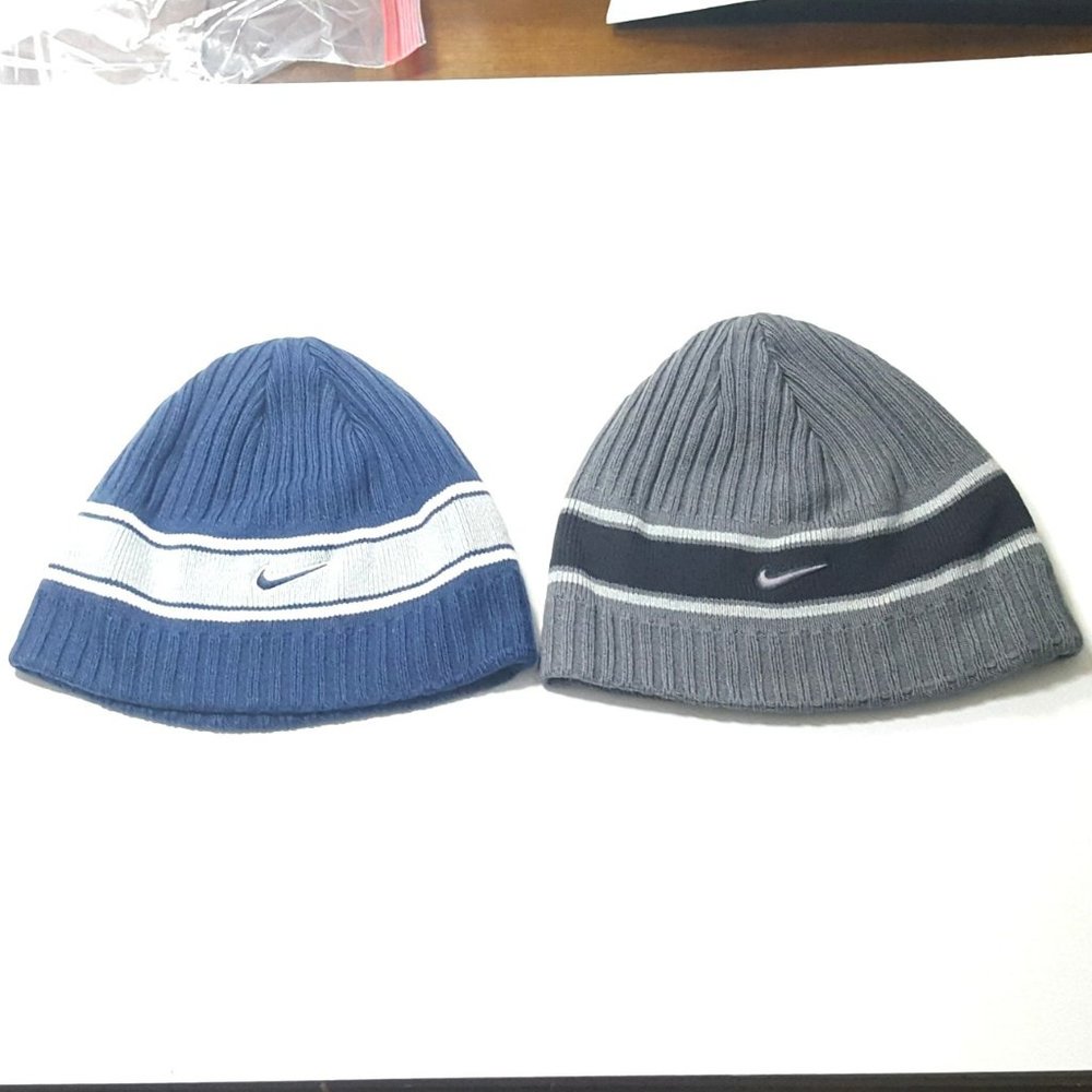Two Nike Vintage Beanie Winter Hats, Blue & Grey, 10" Wide Brim,